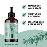 Certified Organic Rosemary Oil for Hair - Pure USDA Organic Rosemary Essential Oil for Hair Skin and Nails plus Aromatherapy - Organic Hair Oil for Dry Scalp Treatment and Enhanced Volume and Shine